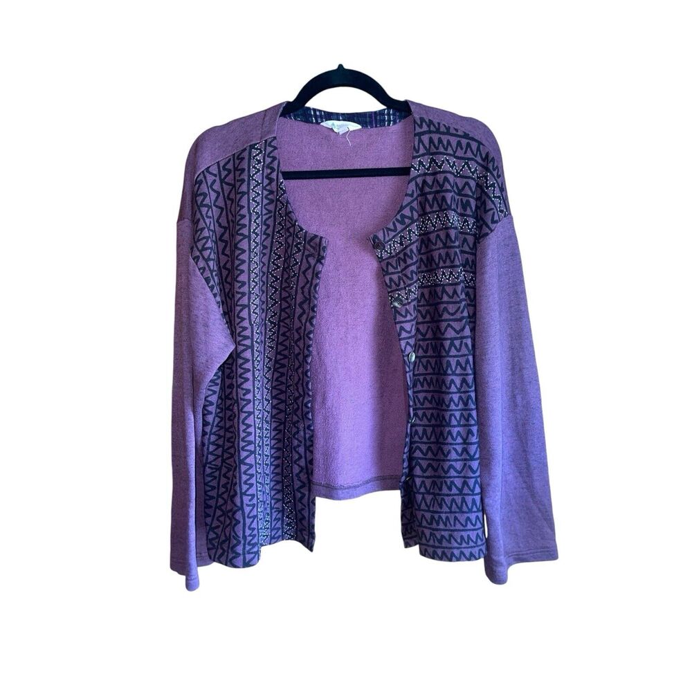 Purple Patterned Open-Front Women's Sweater